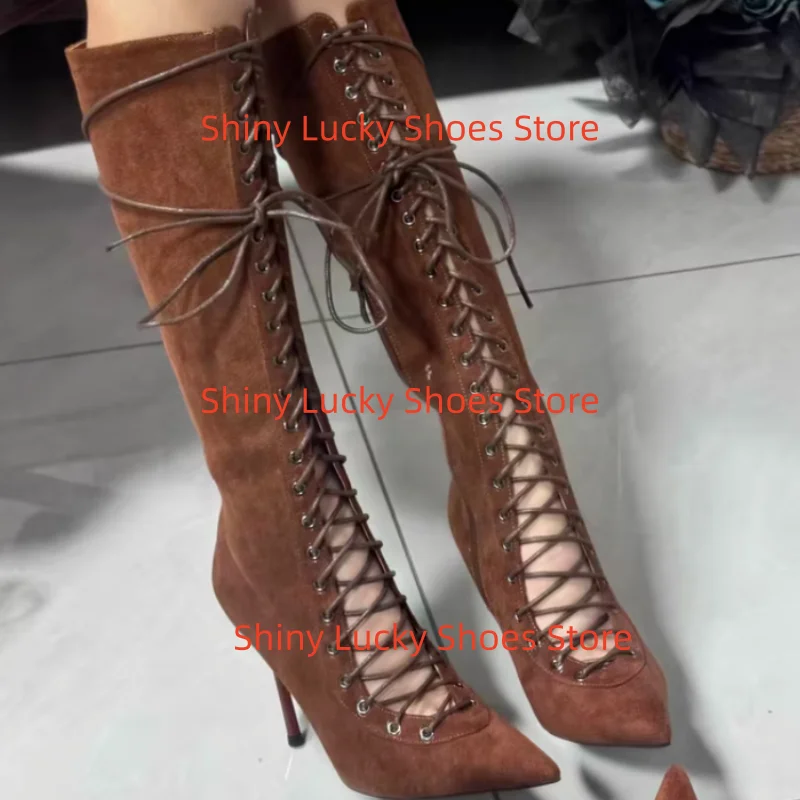 

Женские туфли с перекрестным ремешком, бархатные женские сапоги до середины икры на тонком высоком каблуке с острым носком, однотонные женские ботинки до середины икры Chassure Femme