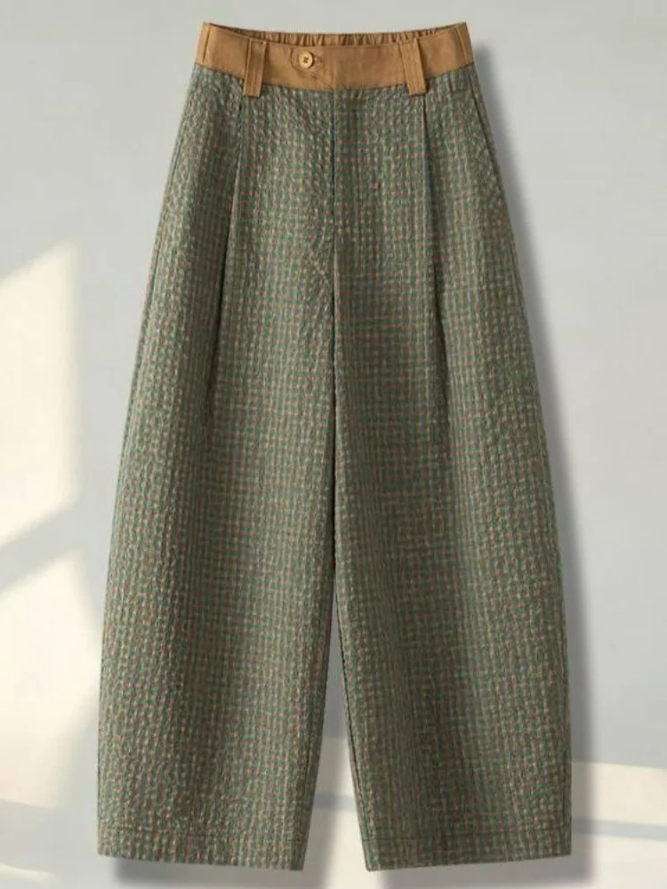 Women's Bubble Plaid Pants Summer Thin Knife  Pants Folded Texture Drapey Ultra Popular Nine Point Pants High Waist Strai...