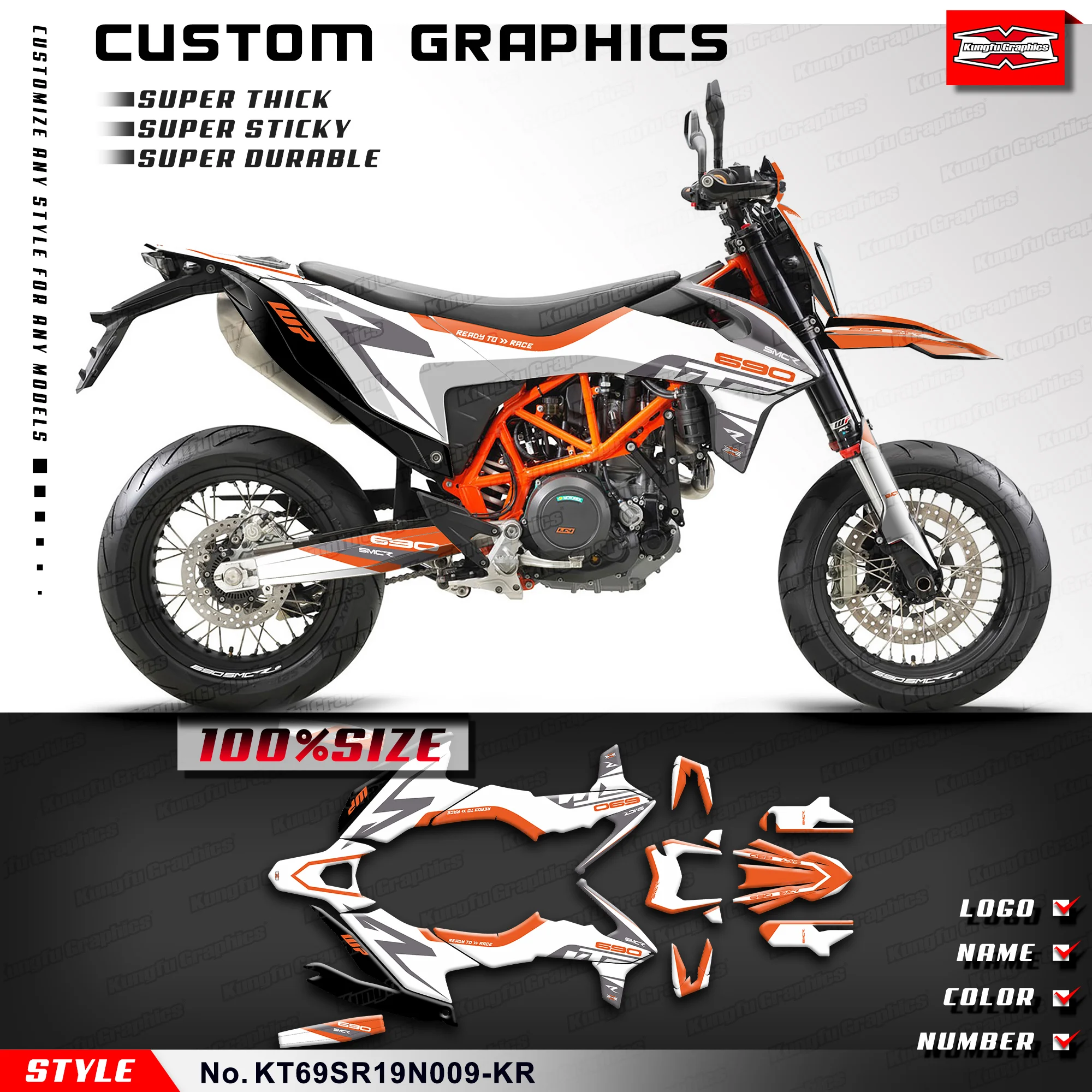 KUNGFU GRAPHICS Sticker Kit Motorcycle Graphics for KTM 690 SMC R 690 Enduro R 2019 2020 2021 2022 2023 2024, KT69S(E)R19N009-KR