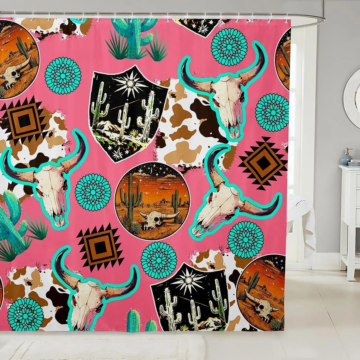 

Southwestern Boho Cactus Skull Shower Curtain Desert Mural Western Steer Decor Tapestry Bathroom Accent Liners