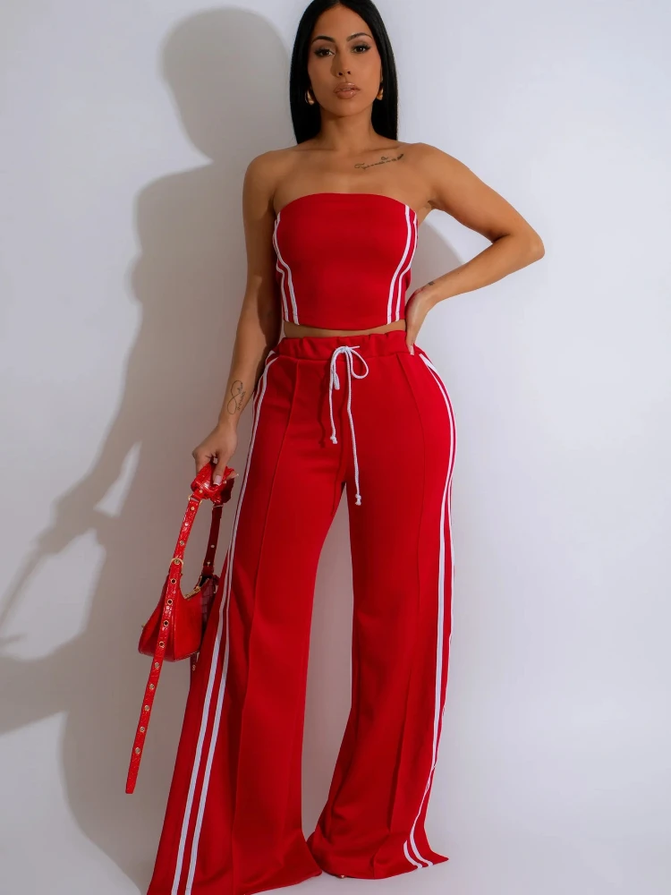 

Leosoxs Fashion Women's Set Strapless Striped Ribbon Crop Top + Wide Leg Pants Suits Summer Streetwear Two 2 Piece Set Outfits