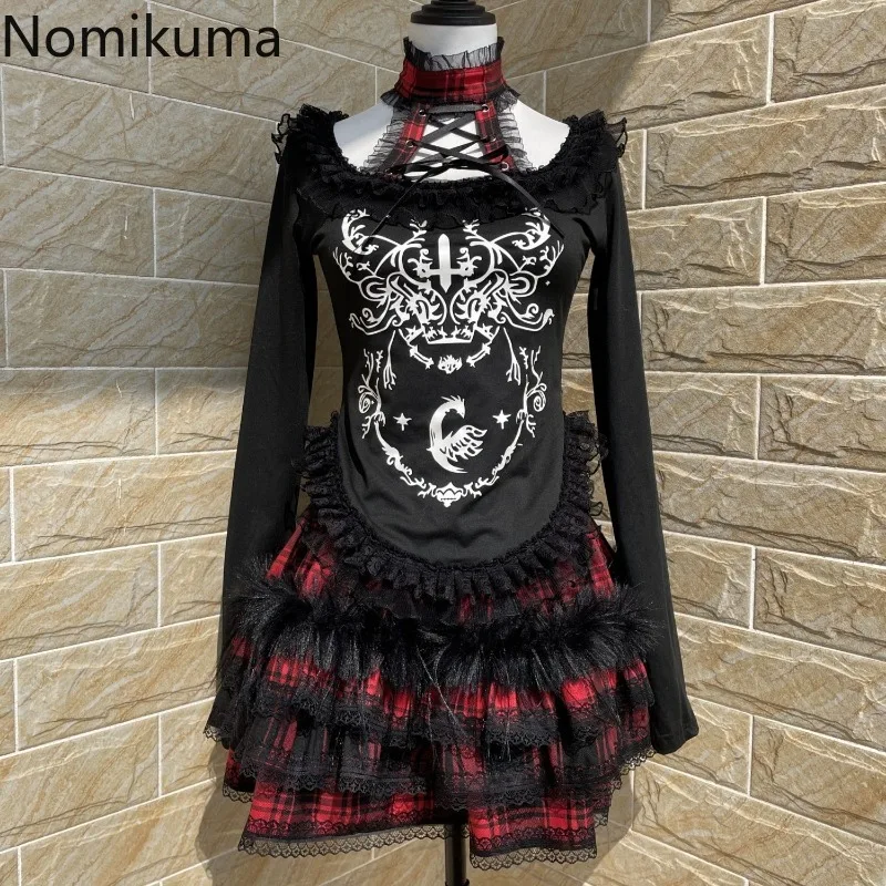 Japanese Gothic Woman Tshirts Y2k Tops Slim Waist Bandage Tees Patchwork Lace Print Long Sleeve Black T Shirt 2024 Ropa Mujer