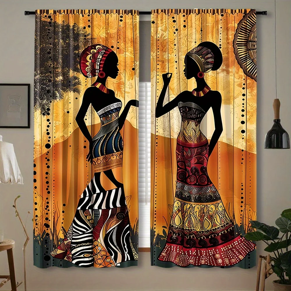 

African Women Print Rod Pocket Window Curtains - 2pcs Woven Polyester Pongee Decorative Panels for Bedroom, Living Room and Offi