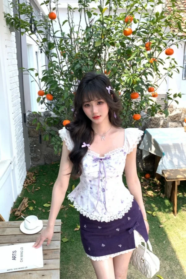 

Preppy Sweet Squeare Neck Flutter Sleeve Lace Edges Blouse + Bow Purple Pencil Mini Skirt Set Women's Summer Slimming Outfits