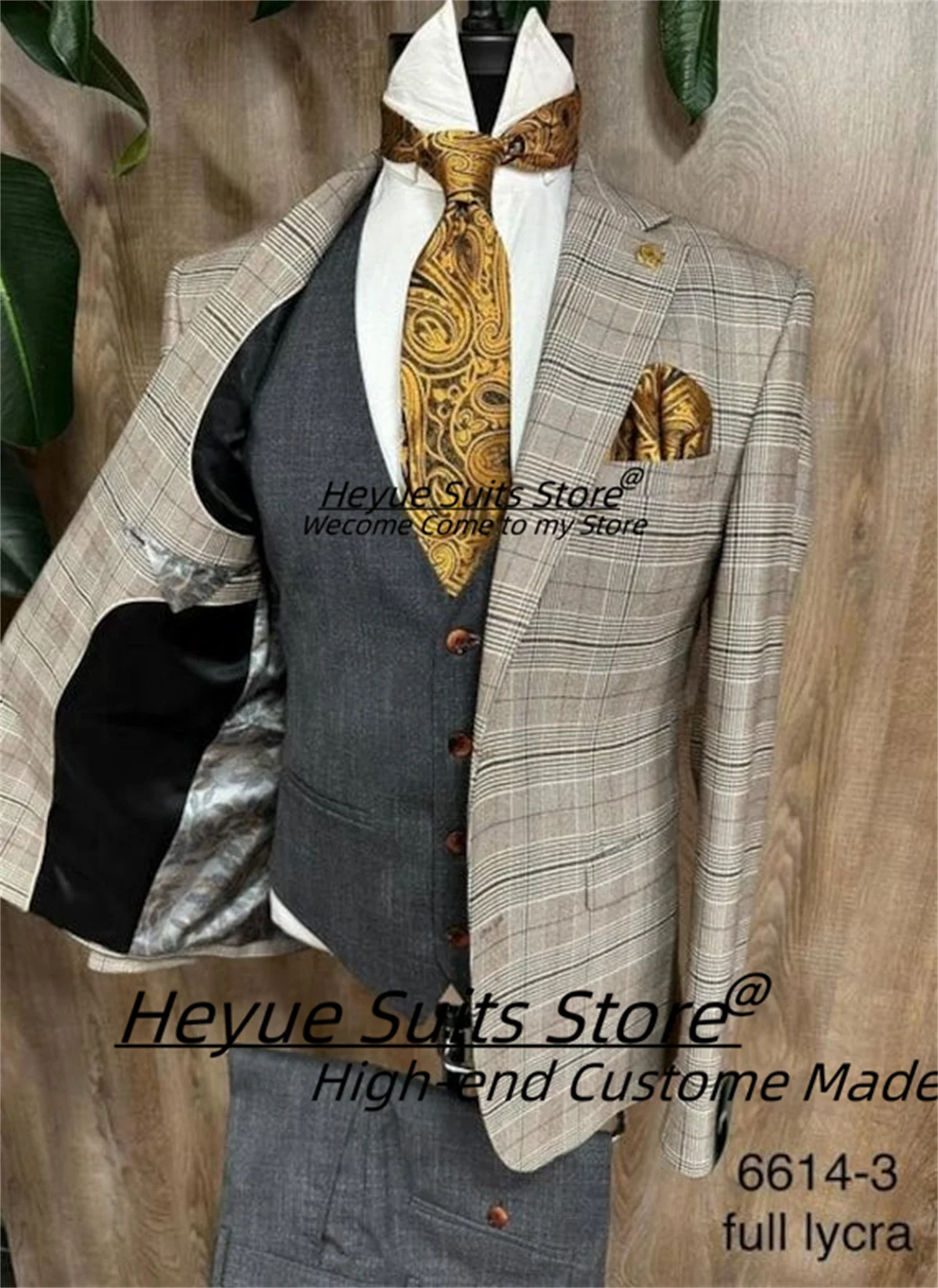 

Business Formal Plaid Men Suits Customized Slim Fit Peak Lapel Groom Wedding Tuxedos 3 Pcs Sets Male Prom Blazers Ropa Hombre