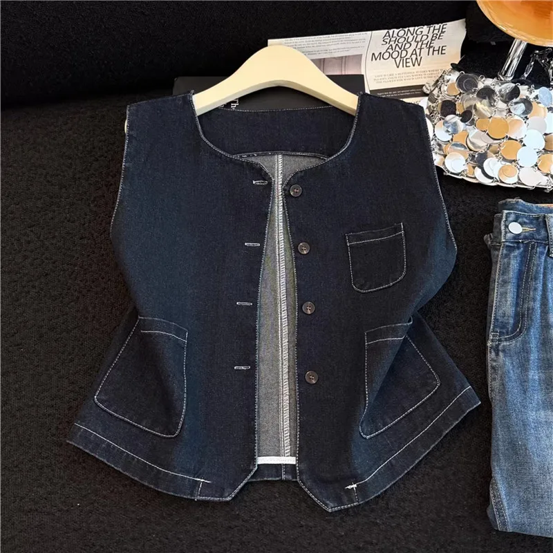 

Summer New Women Slim Thin Short Denim Vest Dark Blue Multi-Pocket Design Round Neck Single-Breasted Sleeveless Jeans Waistcoat