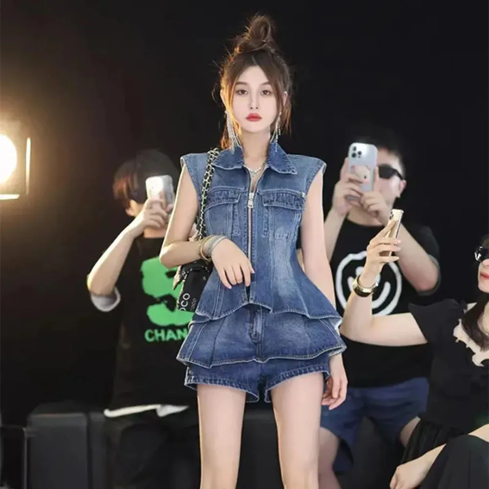 2024 Summer Sets For Women 2 Pieces Denim Sleeveless Zipper Vest Tops + Women\'s New Top + High Waist Ruffle Jean Shorts S-3XL