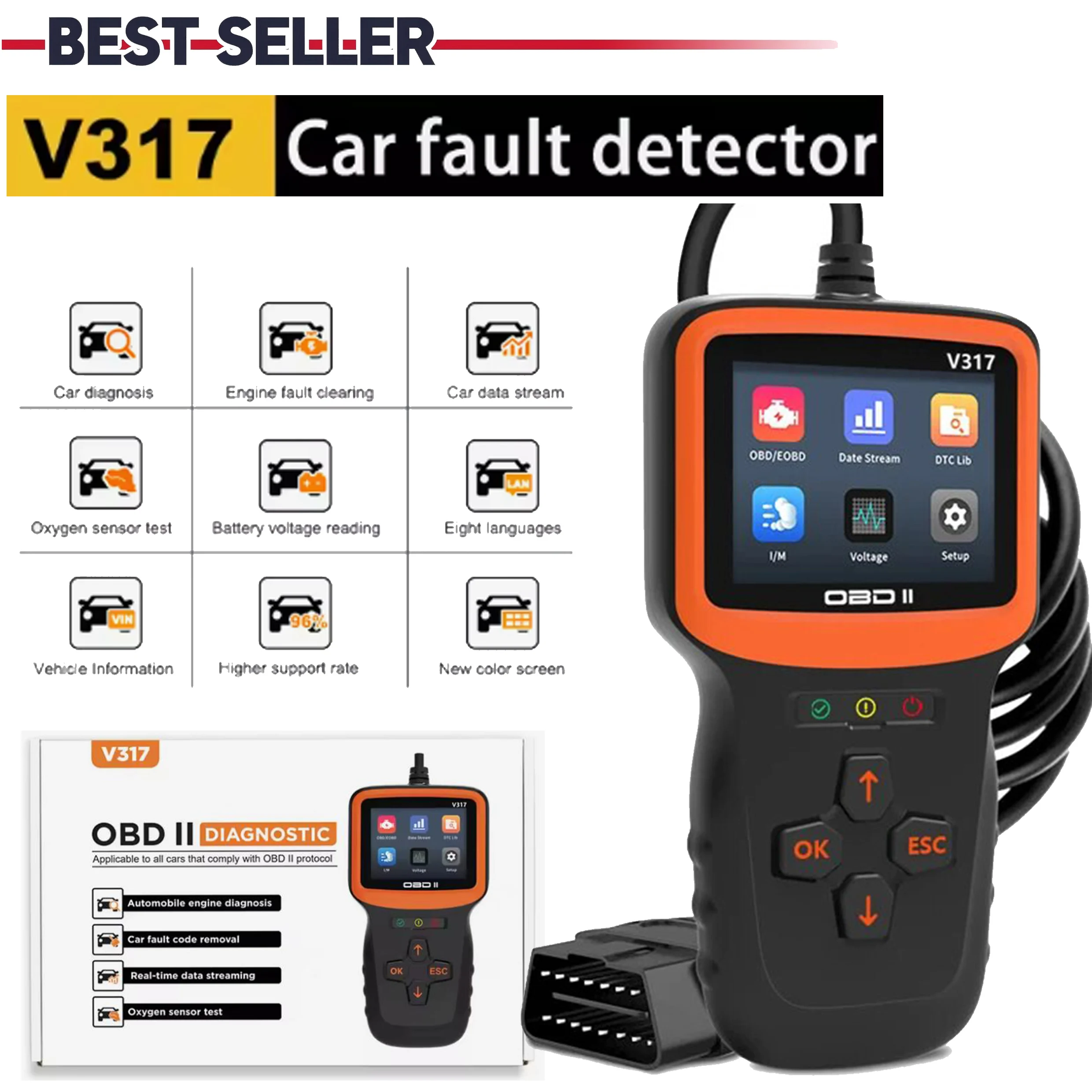 

Диагностический прибор OBD II EOBD V317 для автомобилей: тестирование датчиков кислорода, диагностика неисправностей двигателя, инструмент для диагностики автомобиля