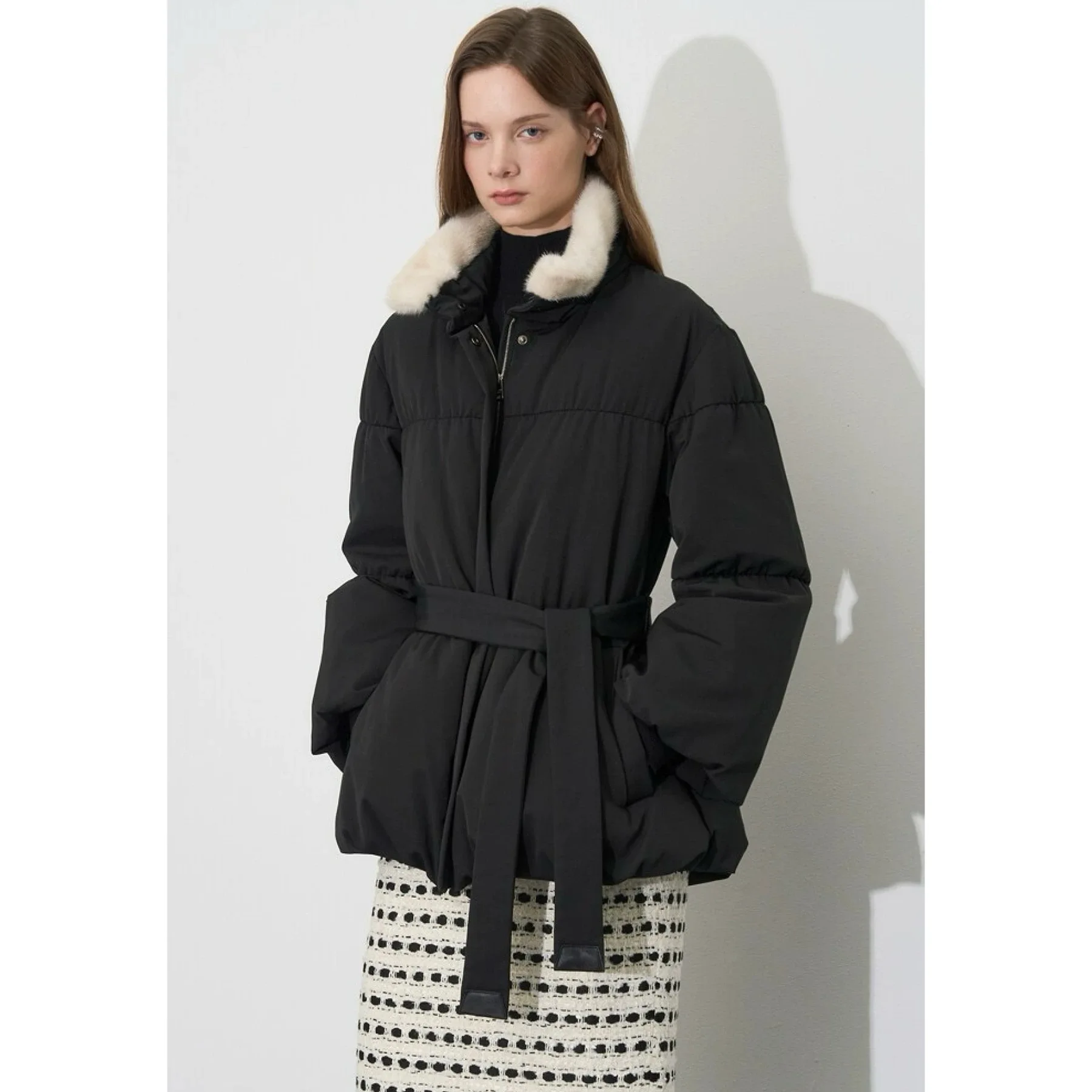 

Faionable Lemon Cheese OBZ25 Winter Simple Sli Mink Imitation Middle Length Goose down Coat with Belt Stand Collar