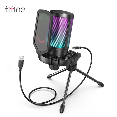 FIFINE Ampligame USB-Mikrofon für Gaming-Streaming mit Pop-Filter-Stoßdämpferhalterung und Verstärkungsregelung, Kondensatormikrofon für PC/MAC