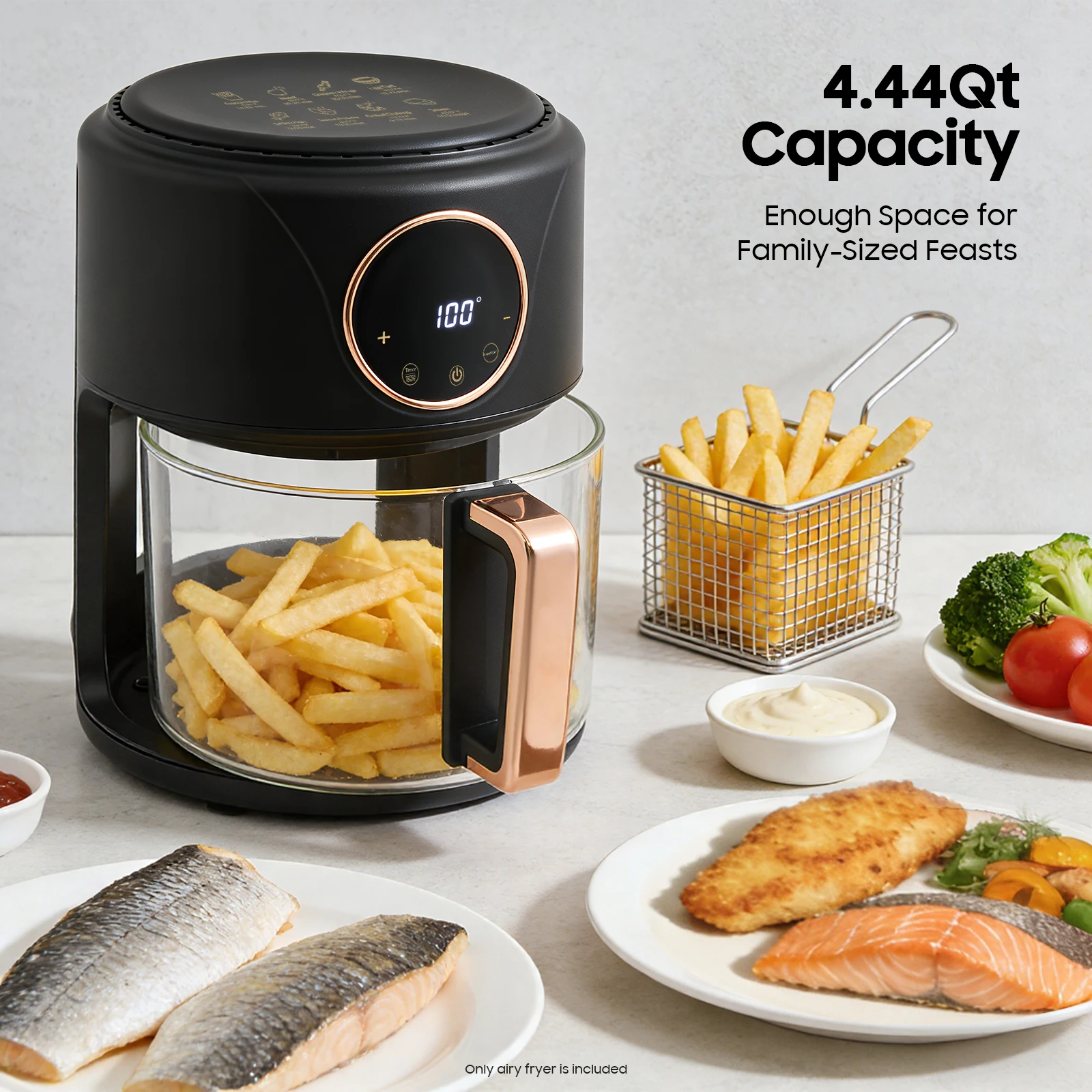 

1200 Вт 360 ° Аэрофритюрница с прозрачной крышкой 4.2 л/4.44 кварты, с сенсорным экраном и цифровым дисплеем, с решеткой из нержавеющей стали для домашней кухни