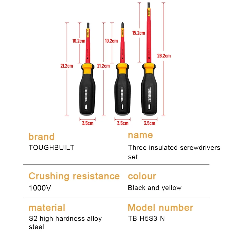 TOUGHBUILT TB-H5S3-N 3-Piece 1000V Insulated Screwdriver Set Suitable for Phillips and Slotted Screws Magnetic Tip Electrician