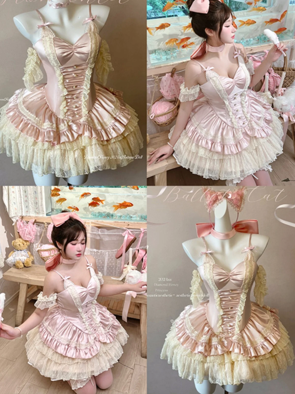 Girly Ballet Romantic Lolita Jsk Dress New Fashion Summer Women Cute Girls Fairy Lace Pink Satin Short Sling Princess Dresses