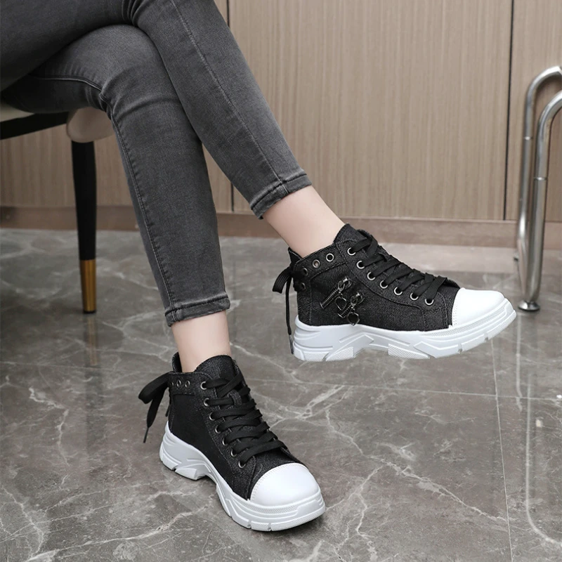 Trendy High Top Canvas Shoes 2024 Autumn New Design Sense Thick Sole Height Increase Anti Slip Versatile High Top Women\'s Shoes