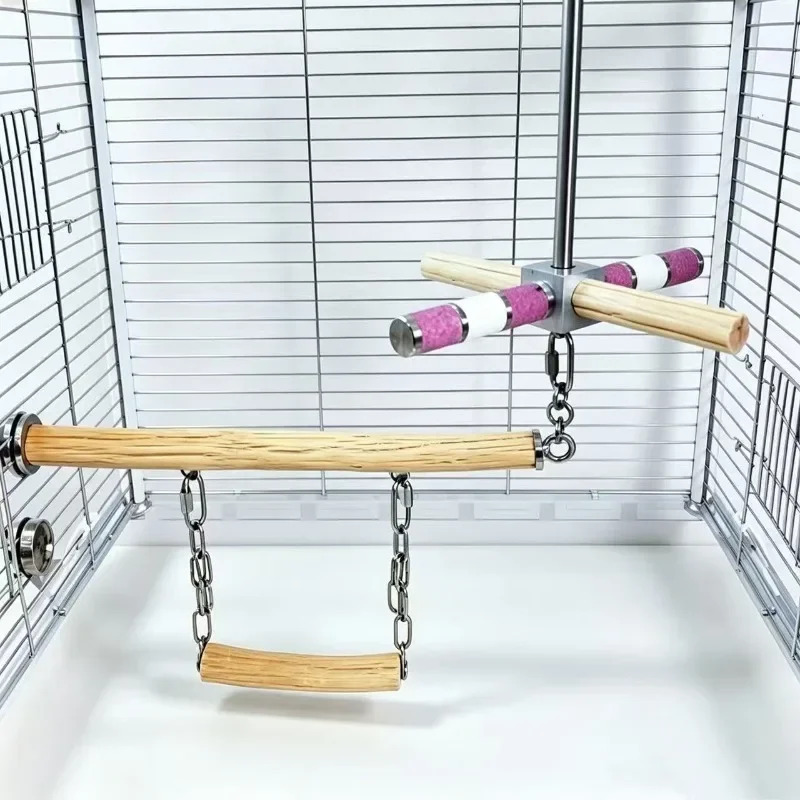 Parrot Windmill Swing Toy Set, Natural Wild Pear Wood Perch Stand, Stainless Steel Rotating Bird Play Frame for Parakeet