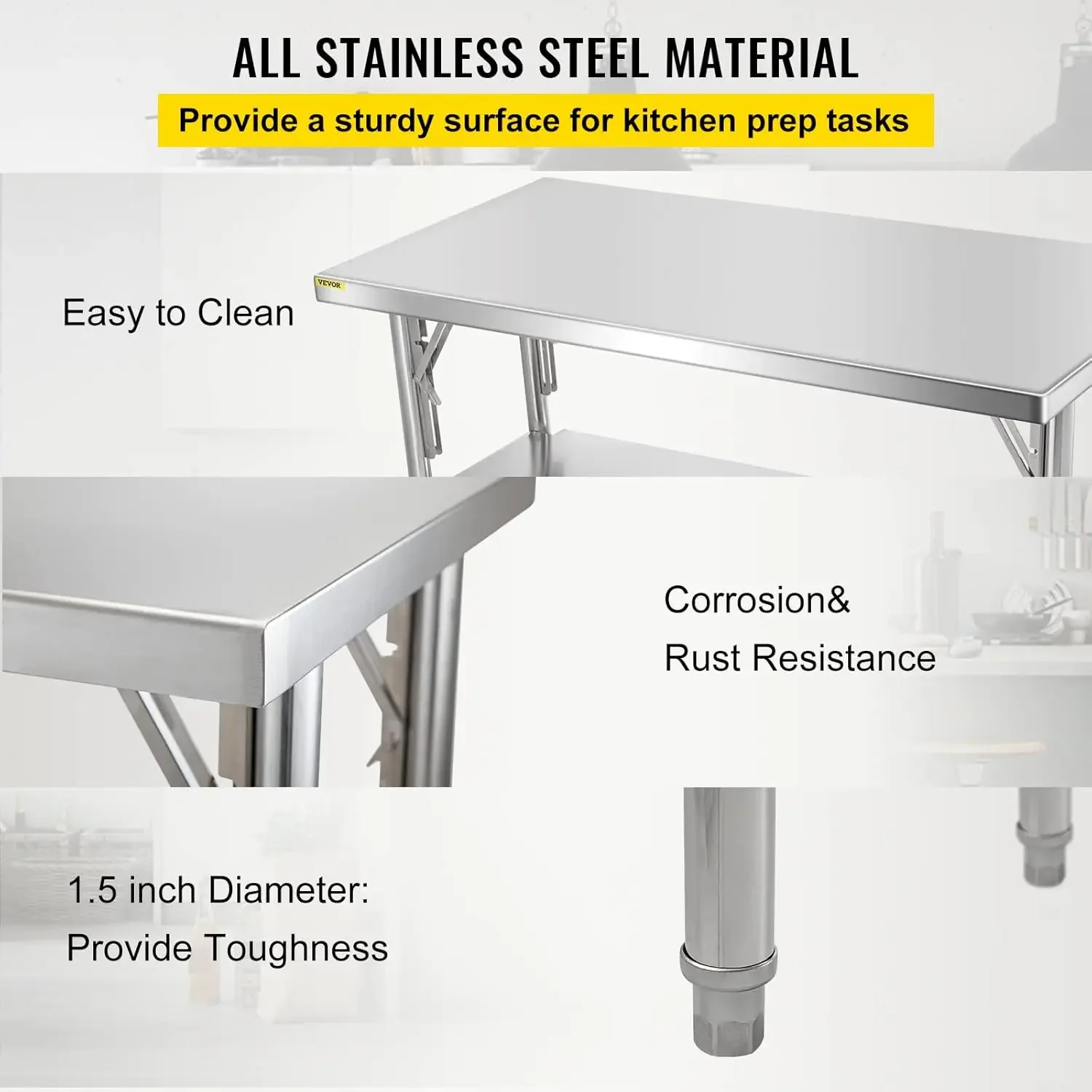 Commercial Worktable Workstation 48 x 24 Inch Folding Commercial Prep Table, Heavy-duty Stainless Steel Folding Table