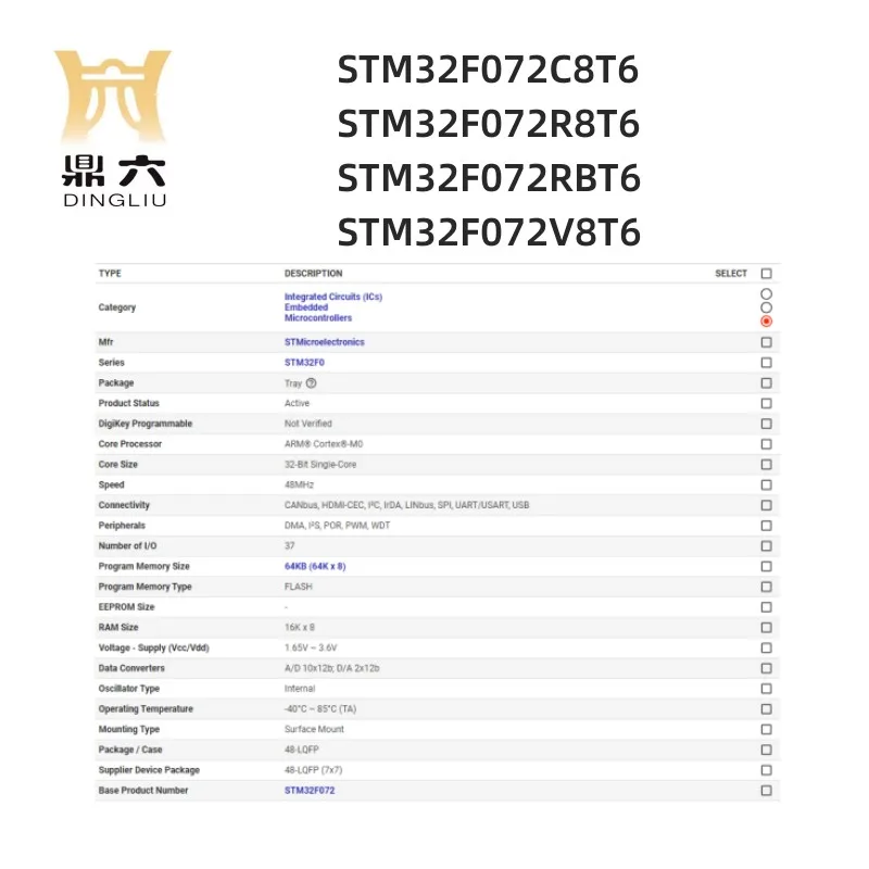 STM32F072C8T6 STM32F072R8T6 STM32F072RBT6 STM32F072V8T6 Microcontroller IC 32-Bit 48LQFP