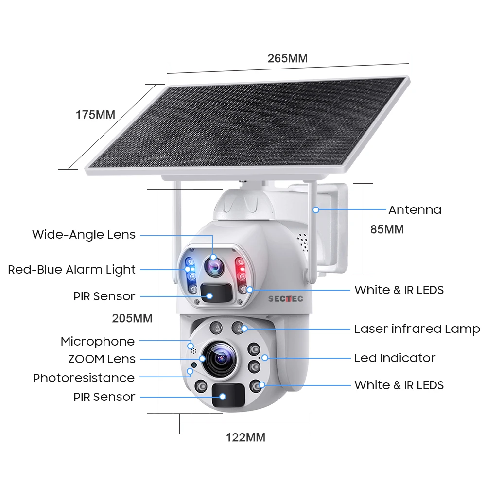 Imagem -06 - Secotec-câmera de Segurança Ptz Outdoor Ip67 Zoom 20x Dupla Visão com Bateria Solar Wi-fi 4g