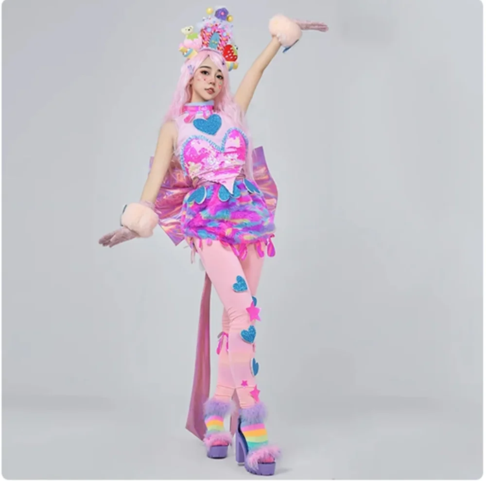 Candy Color Gogo Dancer Performance Wear Women Lovely Jazz Dance Clothes Sequins Tops Plush Skirt Headwear Carnival Suit