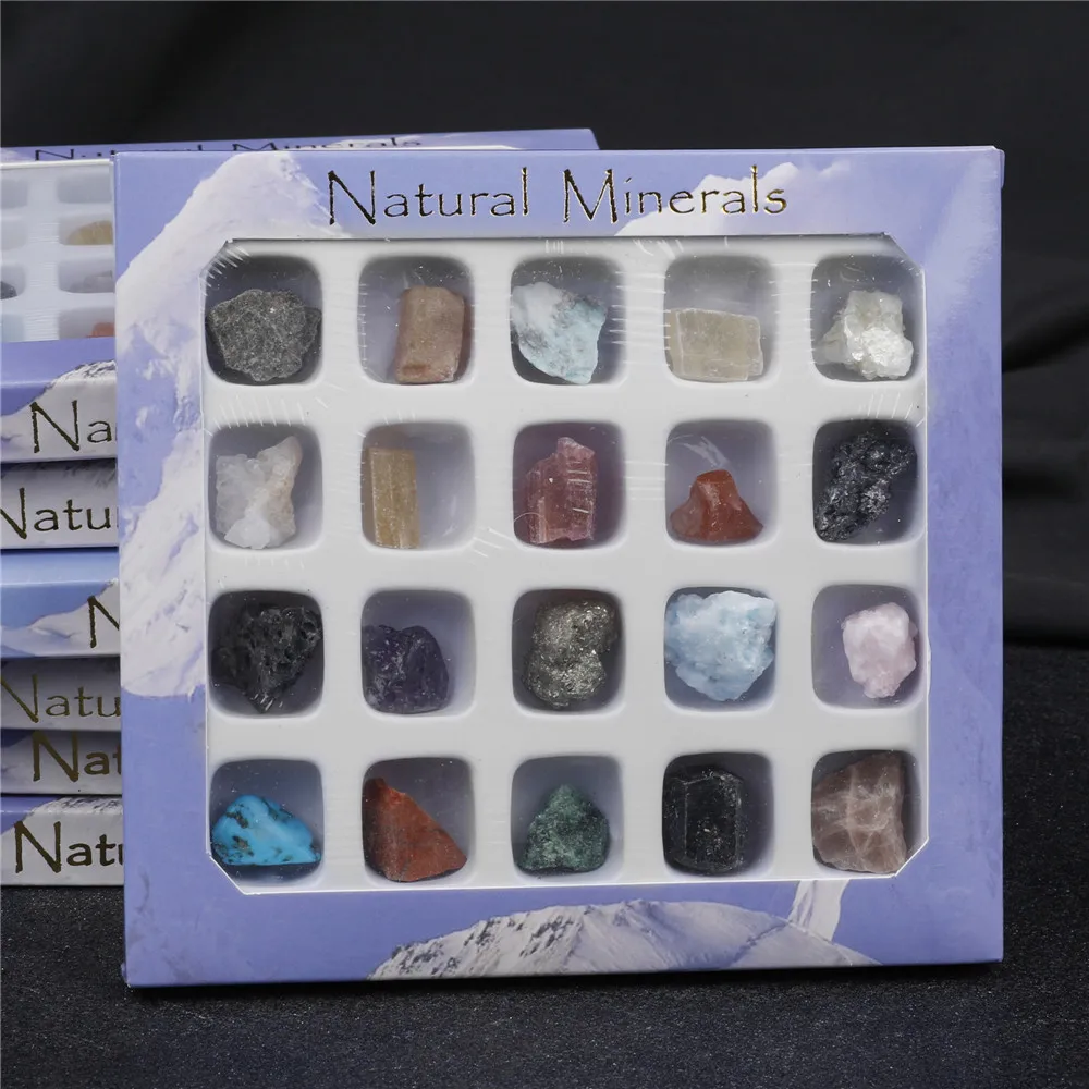 

20pcs/Set Raw Crystals Random Natural Stones fossil Box Minerals Fluorite Specimen For Education Mixed Primitive Rock Home Decor