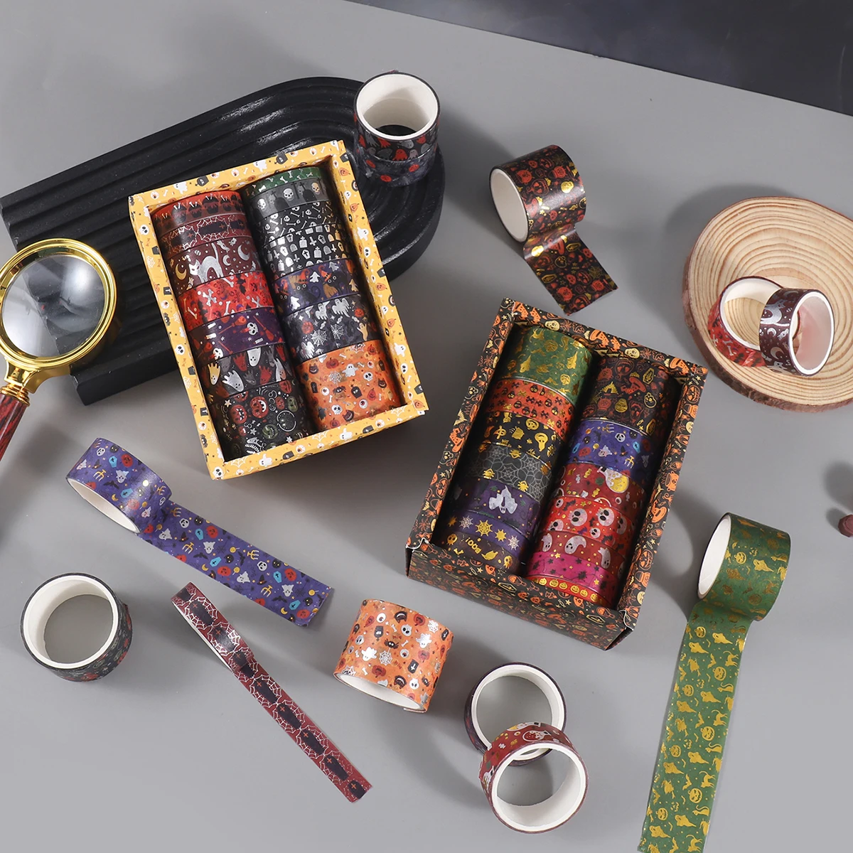14 Rolls/Box, Exquisite Halloween Pattern Washi Tape, Creative Bronzing Process Design, for Halloween Party DIY Decoration