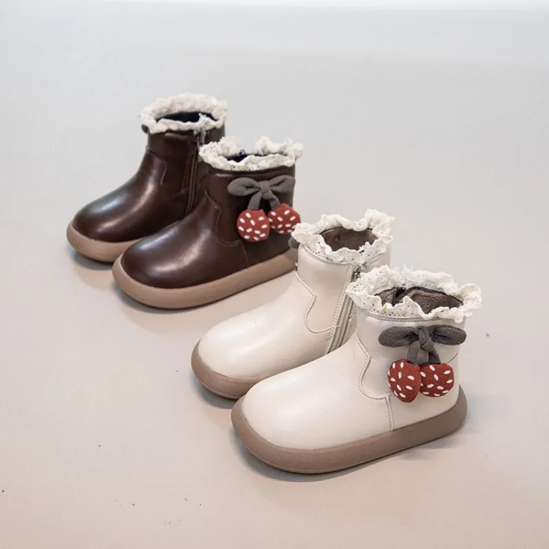 2026 New Fall Winter Baby Boots PU Leather White lace ruffled Cherry Decoration Toddler Short Boots for Kids Girl Princess Shoes