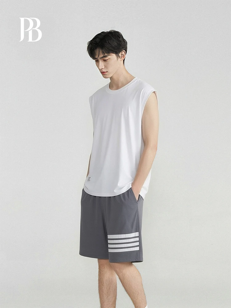 

Ultra Soft Modal Sleepwear Men's Vest Set Grey White Horizontal Stripe Cool Sensation Home Clothes Summer Lightweight