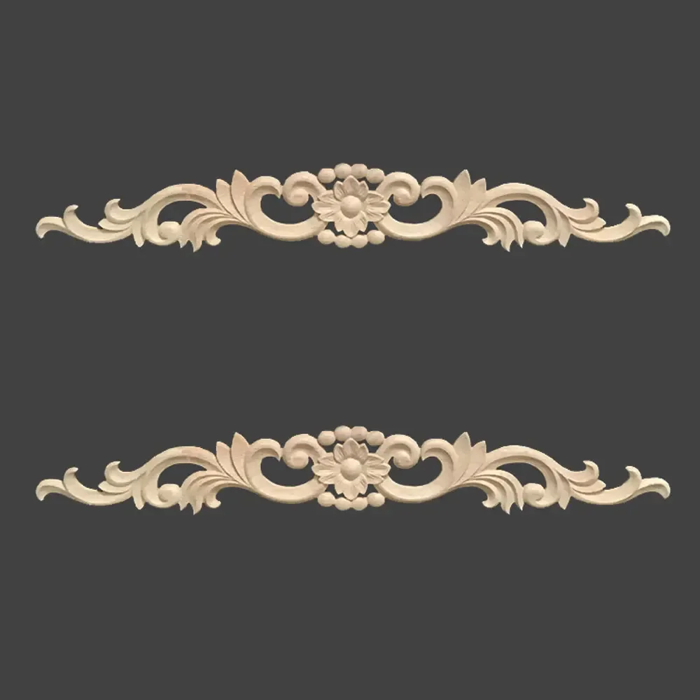 2 Pcs Long Strip Carving Natural Wood Appliques for Furniture Cabinet Unpainted Wooden Mouldings Decal Vintage Decor Accessories