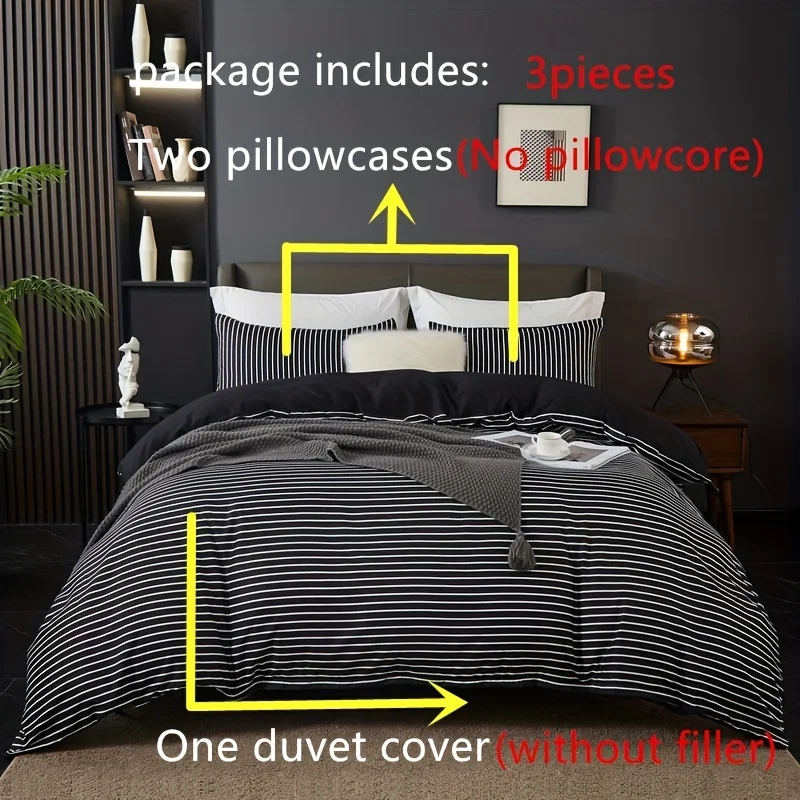 3Pieces down Jacket（1*Down quilt cover 2*Pillowcase，Without Core），Black and White Striped Printed Bedding，Soft and Comfortable，B