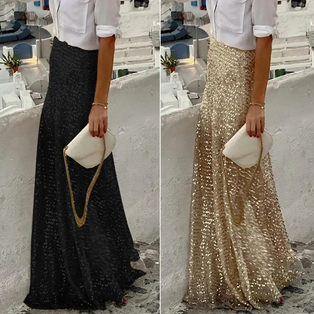 Elastic Waist Sequined Long Skirts Women Winter High Waist Black Faldas Korean Fashion Elegant Streetwear Shiny Pink Skirt