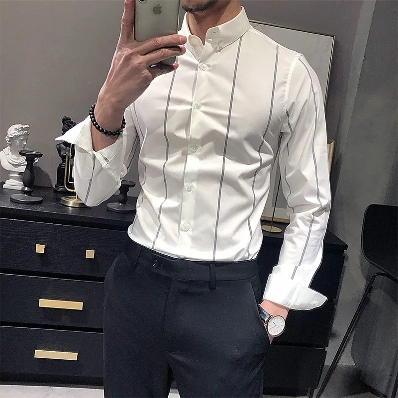 

Male Stripe Contrast Business Casual Elegant Striped Shirts for Men Clothing Slim Fit Long Sleeve Formal Mens Dress Shirts Q82