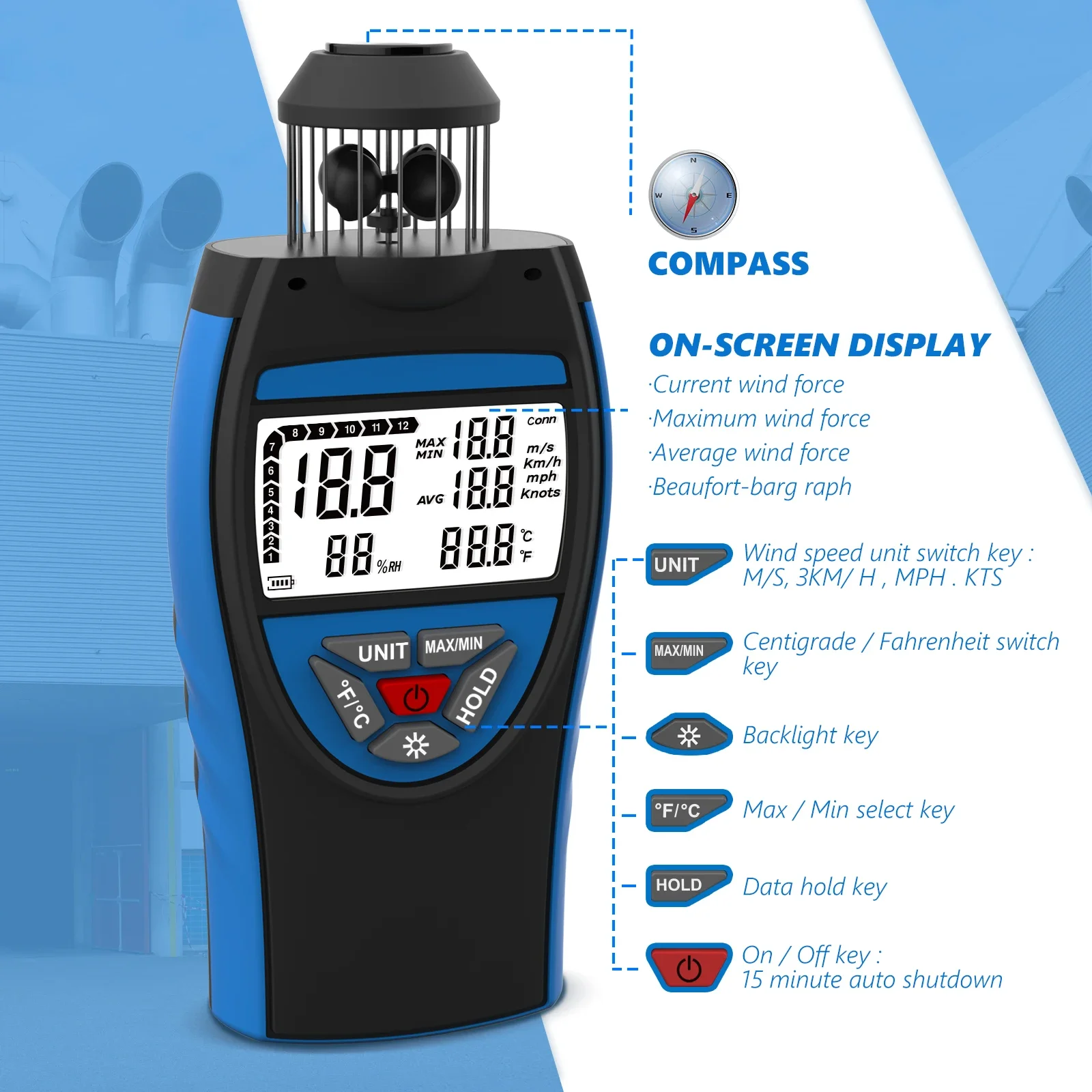 HoldPeak Handheld Digital Anemometer for Wind Speed and Temperature Measurement with Compass & Backlight, m/s, km/h, mph, knots