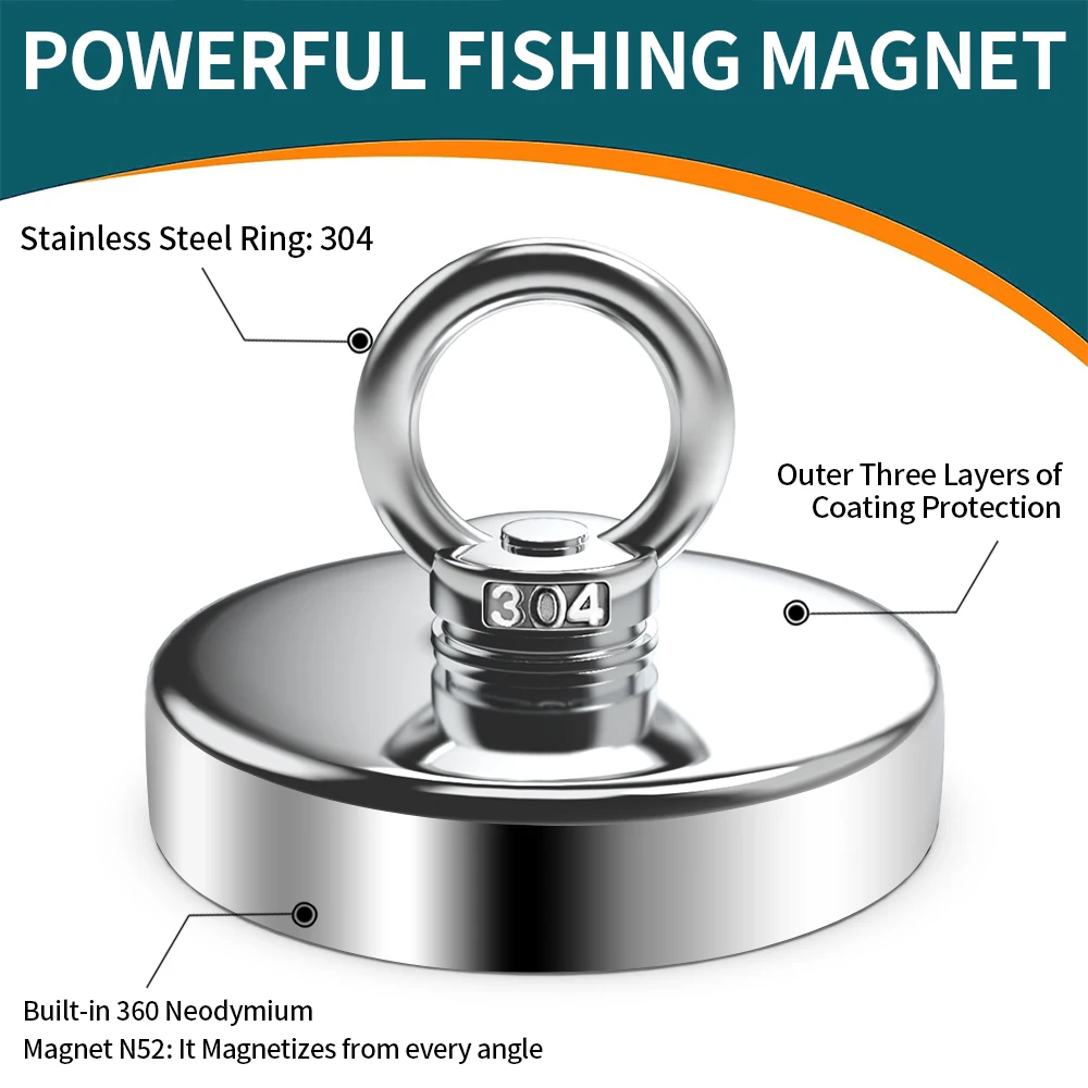 N52 Salvage Magnet Heavy Duty Search Magnets Strong Neodymium Magnet Deep Sea Fishing Magnets Mounting with Ring Eyebolt