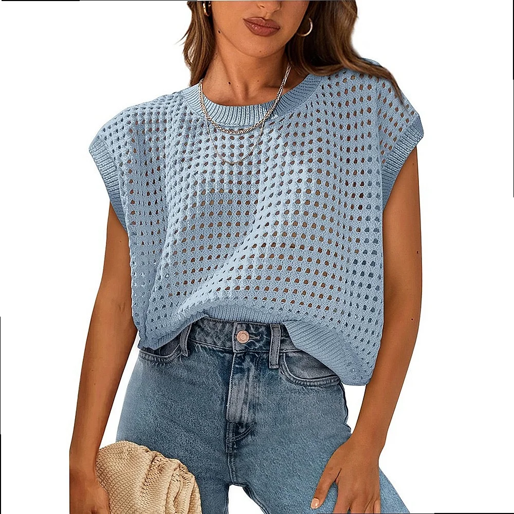 Summer Beach Cover Up Casual Round Neck Top Knit Vacation Beach Outwear Tops