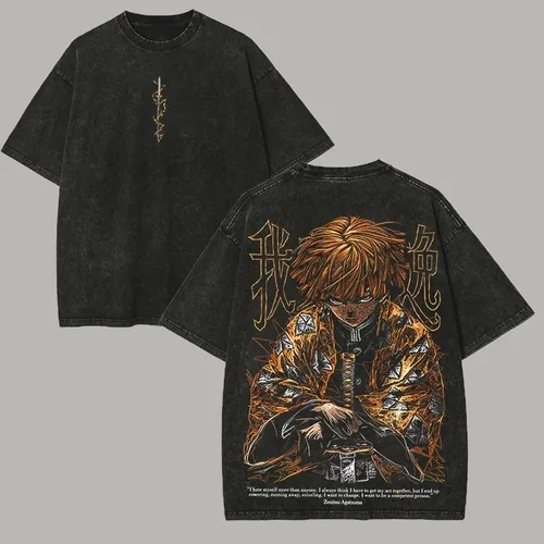 Camiseta gráfica Demon Slayer Zenitsu con estampado de Manga, camiseta Vintage lavada de gran tamaño, ropa para hombres y mujeres, camiseta de manga corta de algodón
