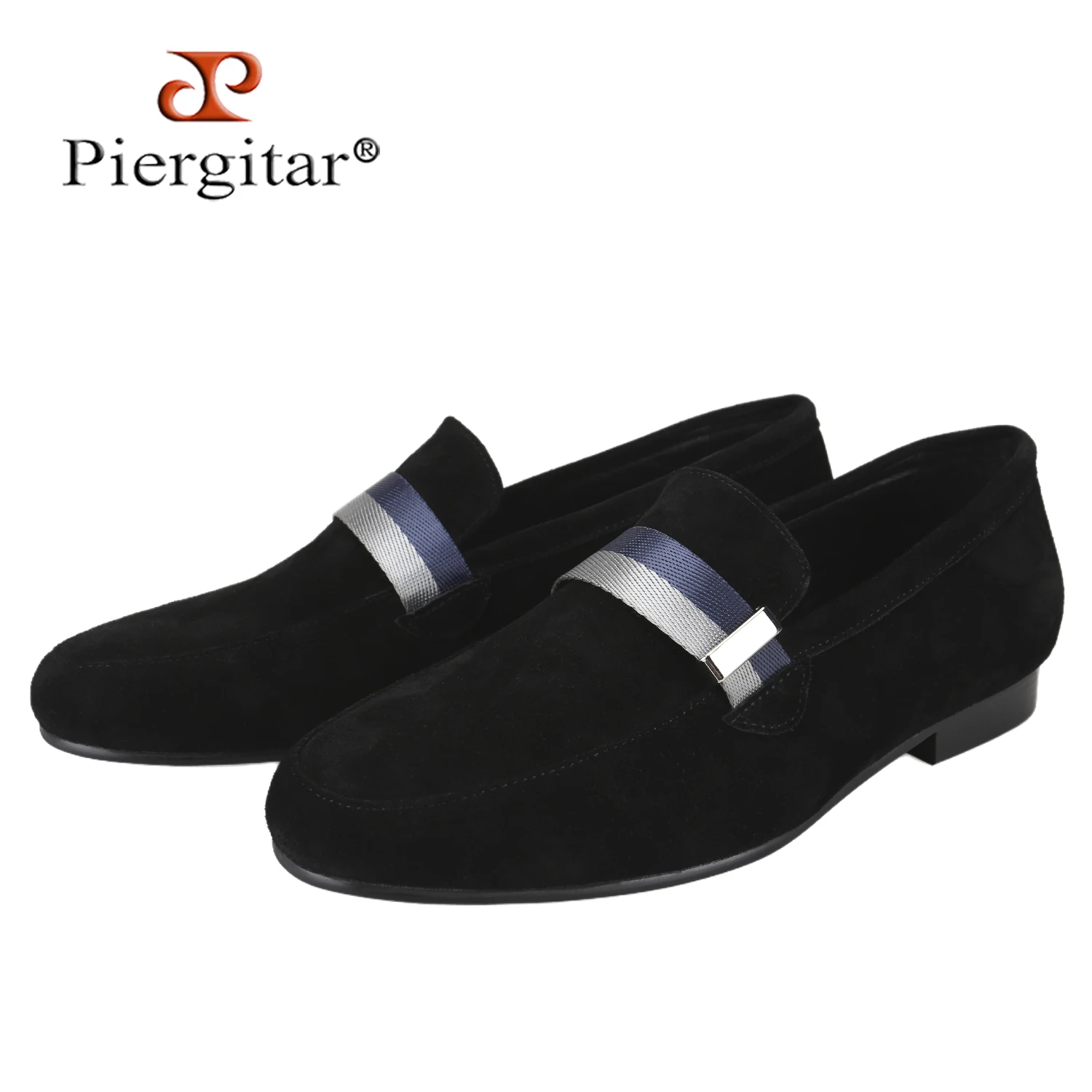 Piergitar Handcrafted Black Suede Loafers With Advanced Ribbon Accessories Slip-On Men Smoking Slippers For Fashion Party Wear
