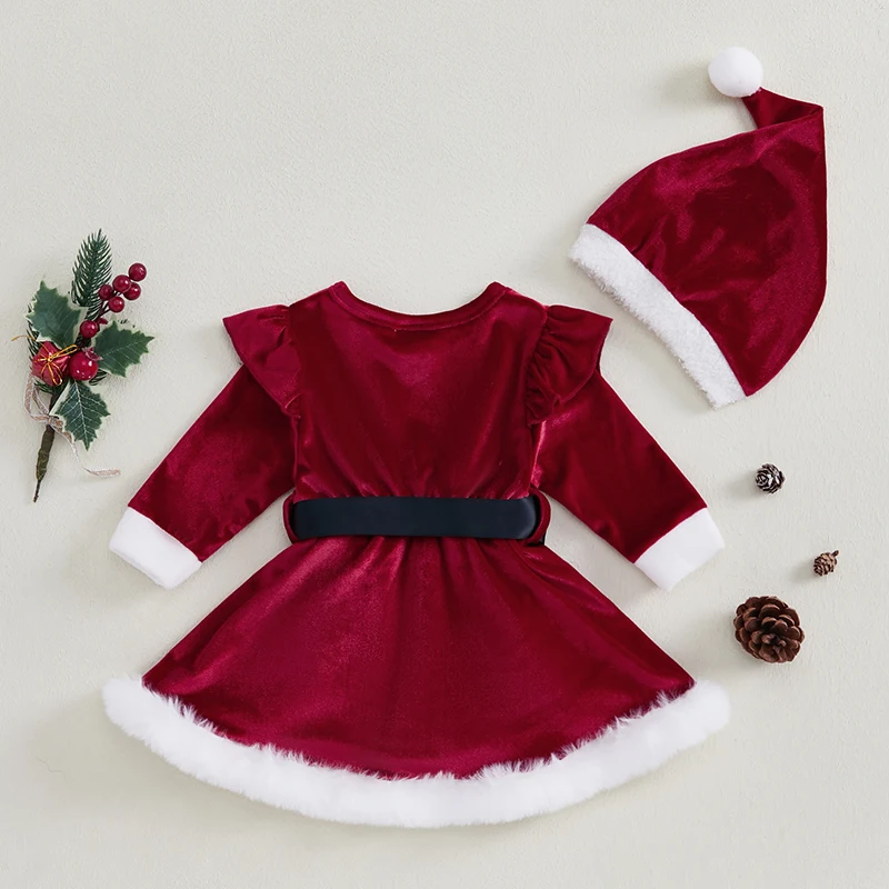 Newborn Baby Girl Christmas Romper Dress Long Sleeve Red Velvet Dress Santa Hat 2Pcs Outfit Infant Xmas Clothes