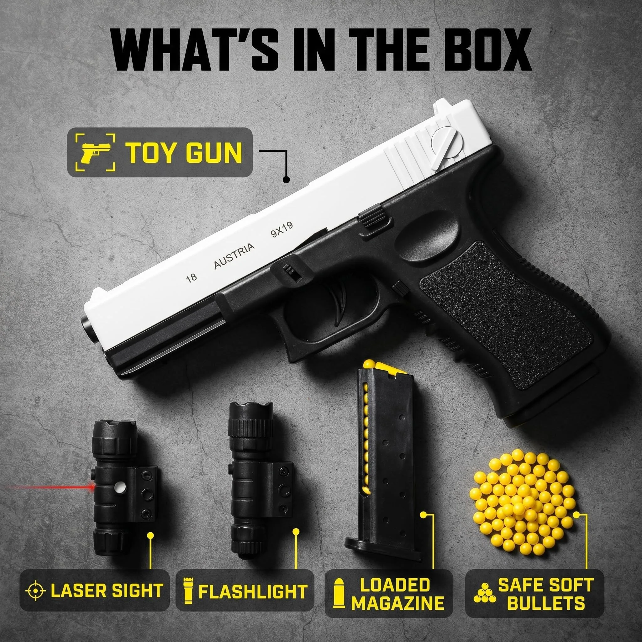

G18 TOY GUN SET WITH LASER SIGHT FLASHLIGHT MAGAZINE SAFE SOFT BULLETS FOR OUTDOOR GAME