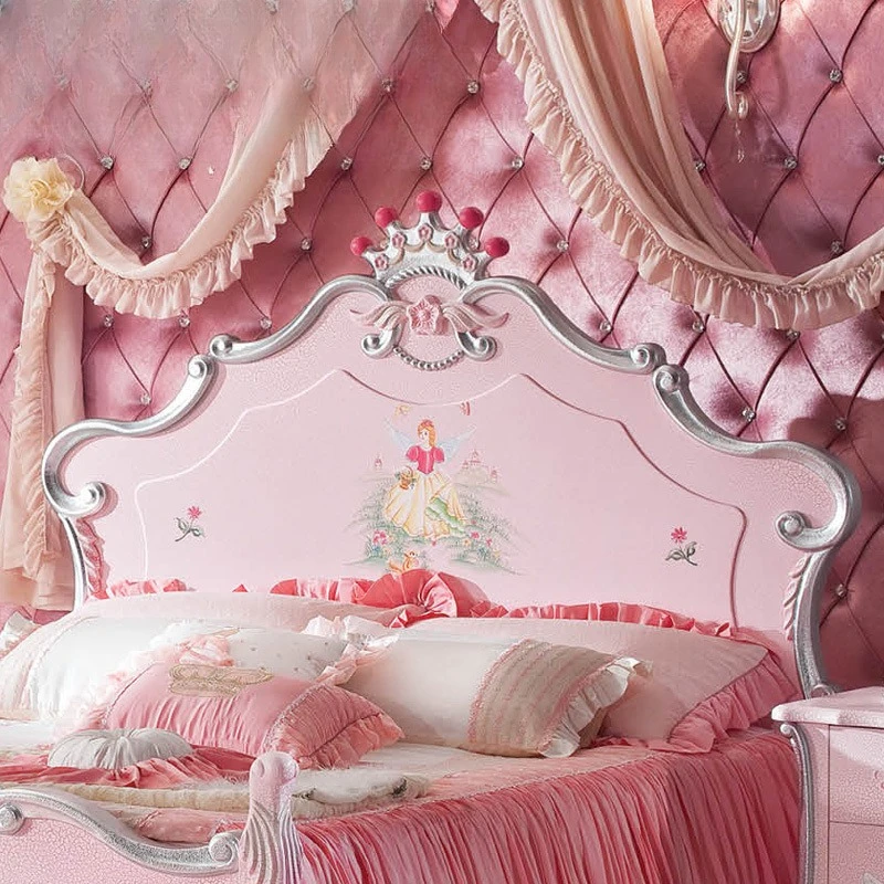 

Solid wood carved double bed pink children's bed princess bed bedroom furniture