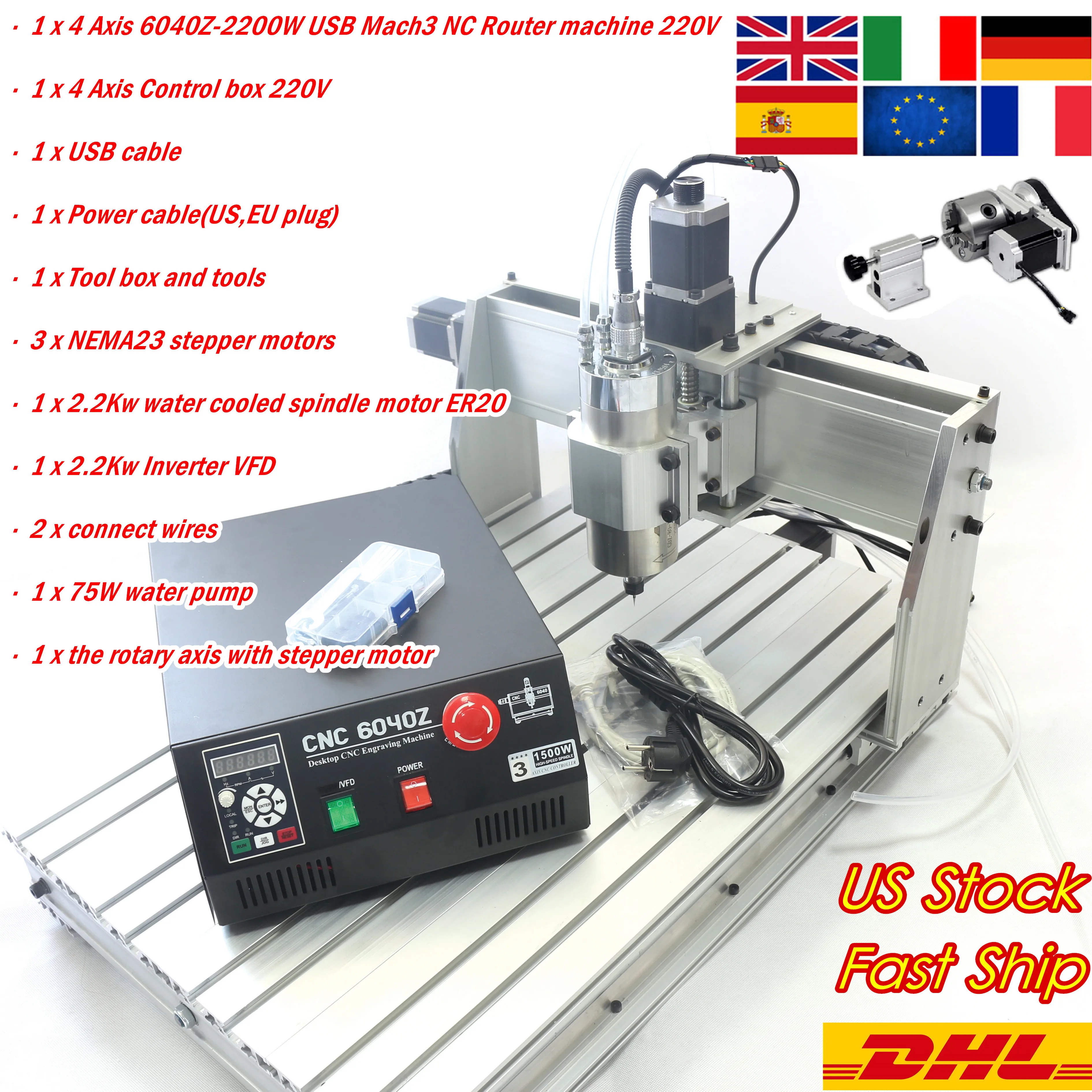 

【Free Duty】 4 Axis USB Port 6040 2.2KW 2200W Water Spindle Motor USB Mach3 CNC Router Engraving Milling Machine 110V or 220V