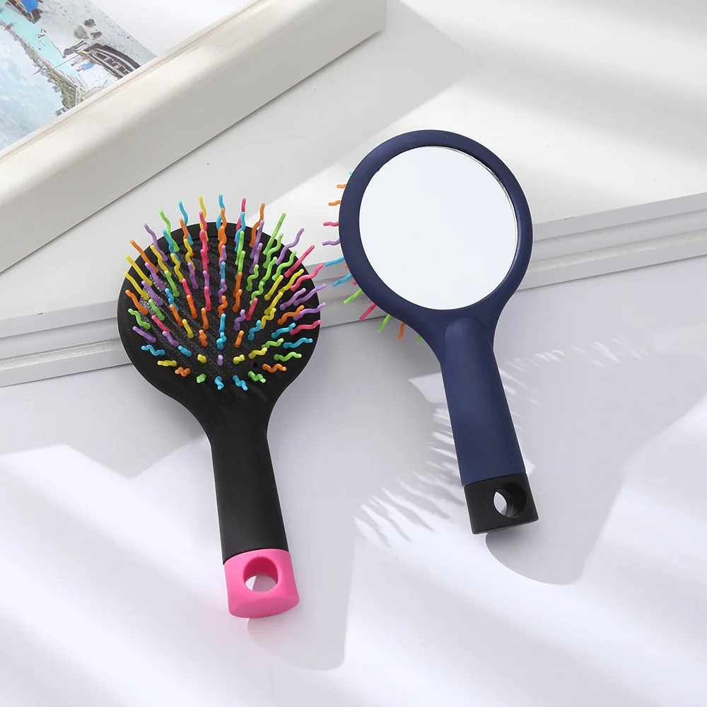 2pcs Random Color Portable Colorful Fashion Compact Hair Comb Brush With Makeup Mirror Detangler Hair Curl Straight Massage Comb