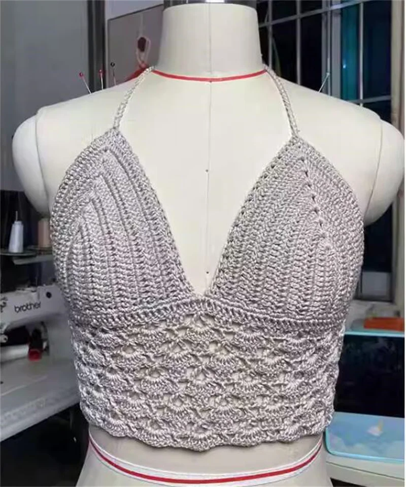 Handmade Knit Bikini Tank Crop Top, Halter Vest Tops Bra, Sexy Hollow Out Crochet Beach Cover Up, Women Summer Swimsuit Vest