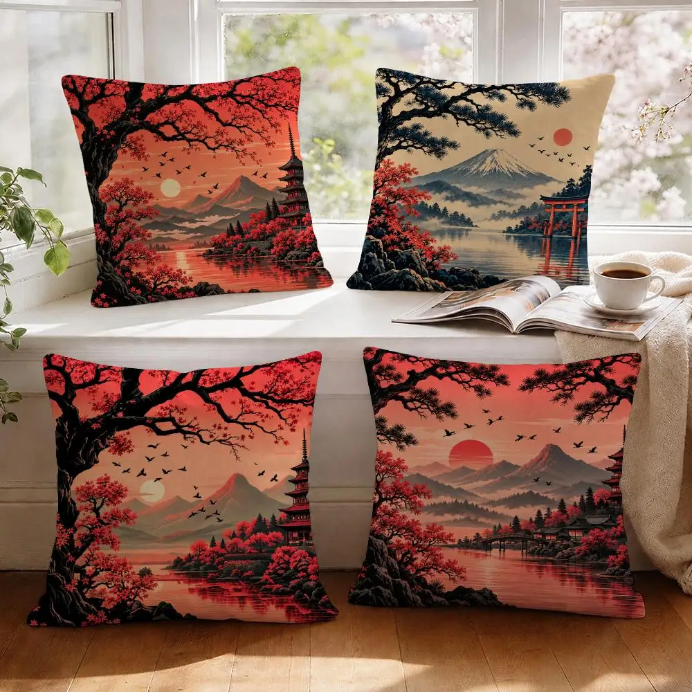 Red Pagoda Bold Serene Cushion Cover 1/4Pcs Linen Throw Pillow Covers Double-Side Print Sofa Couch Living Room Decor