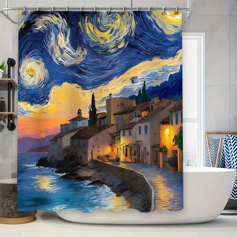 

Занавеска для душа со звездной ночью, художественный пейзажный дизайн для украшения ванной комнаты, водонепроницаемая, прочная, легко чистится и обслуживания
