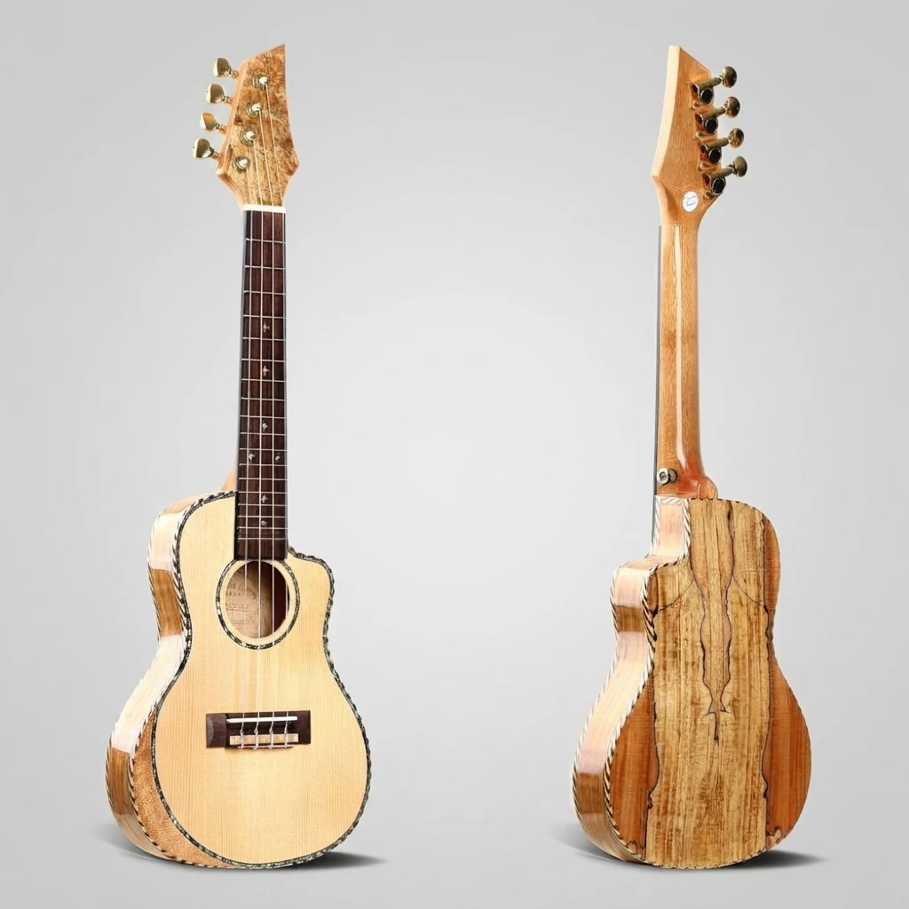 Exotic Grain Cutaway Soprano Ukulele, Natural Light Top, Gold Tuners, Abalone Rosette, Premium Binding, 4 Strings for Beginners