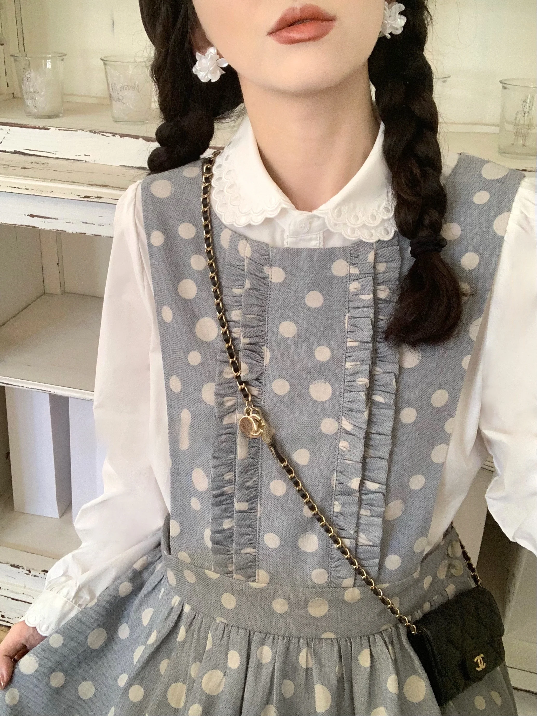 Ourbase 레트로 그레이 폴카 도트 홀터 드레스 다목적 슬리밍 스커트 스타일 여성 여름 캐주얼 루즈핏 미디 드레스