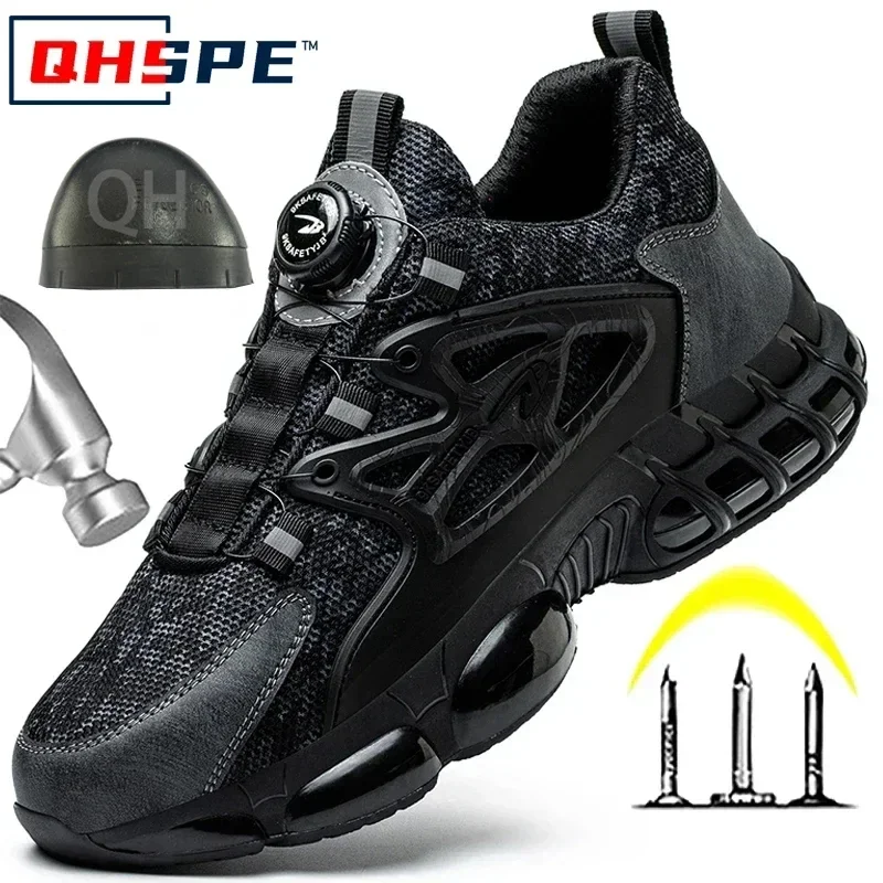 Rotating Button Steel Toe Safety Shoes Men Puncture Proof Indestructible Work Sneakers Breathable Lightweight Protective Boots