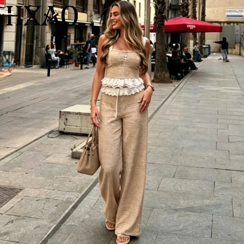 

HXAO Textured Lace Pants Sets Women's Suit Elegant Slip Crop Sleeveless Button Top 2 Piece Set Baggy High Waist Trousers Outfits
