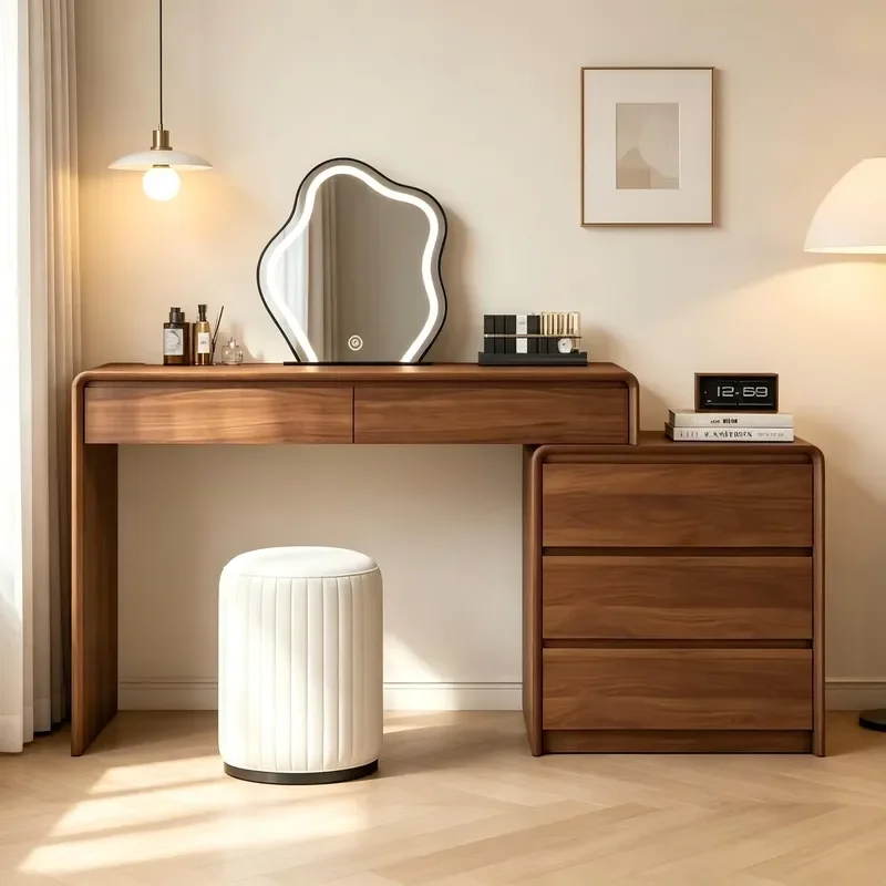 One-Stop Custom Modern Minimalist Lighted Solid Wood Durable & Adjustable Mirror Vanity Table for Apartment Bedroom Furniture