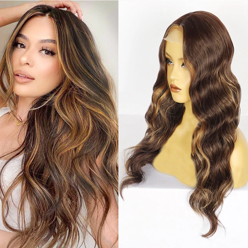 Fashionable long curly hair, middle-parted large waves, piano color highlights, full wig